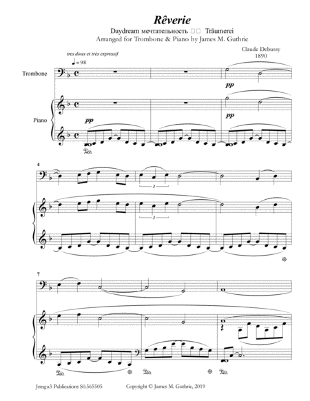 Debussy Reverie For Trombone Piano Sheet Music