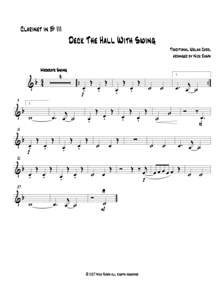 Deck The Hall With Swing B Flat Clarinet 3 Part For Clarinet Quartet Sheet Music