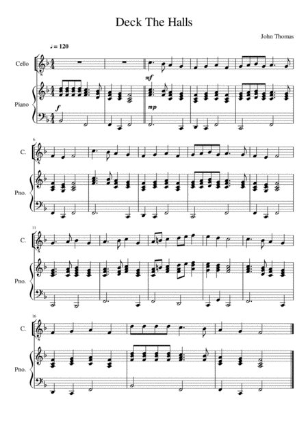 Deck The Halls Cello Treble Clef Solo Sheet Music