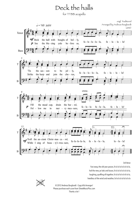 Deck The Halls For Ttbb Acapella Christmas Carol Sheet Music