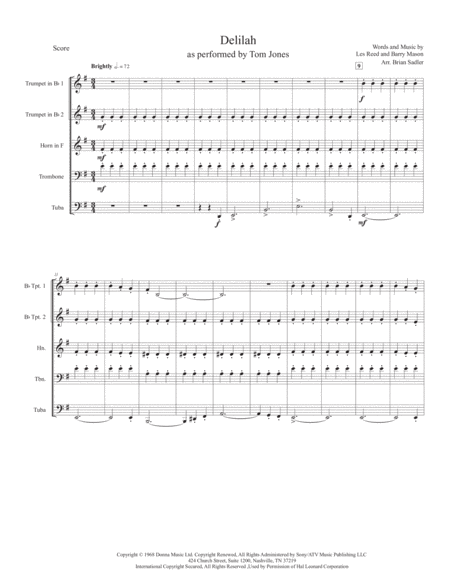 Delilah By Tom Jones For Brass Quintet Sheet Music