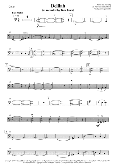 Free Sheet Music Delilah Cello Play A Long The Cello Part Of The Original Tom Jones Recording