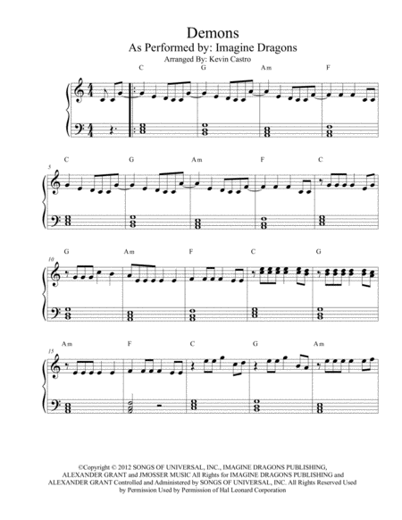 Demons Easy Piano Key Of C Sheet Music