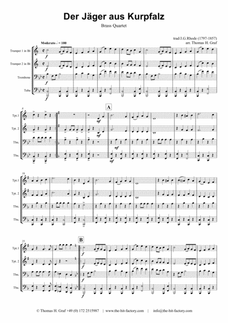 Der Jger Aus Kurpfalz German March Octoberfest Brass Quartet Sheet Music