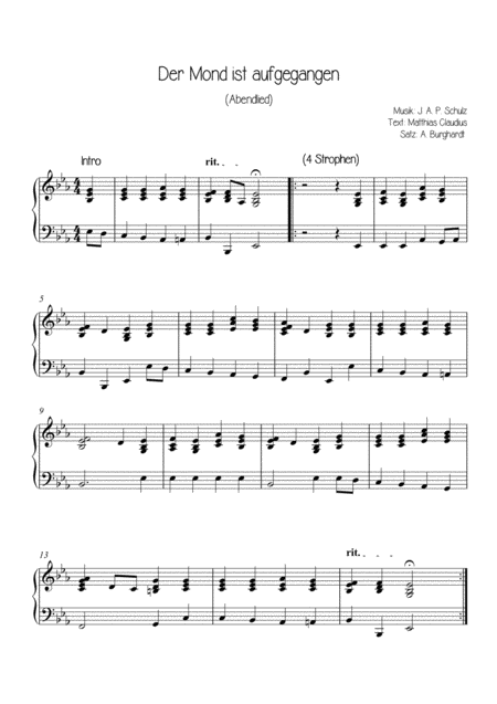 Free Sheet Music Der Mond Ist Aufgegangen Abendlied Easy Piano