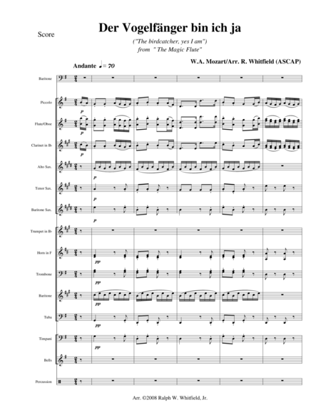 Der Vogelfanger From The Magic Flute For Concert Band And Baritone Voice Sheet Music