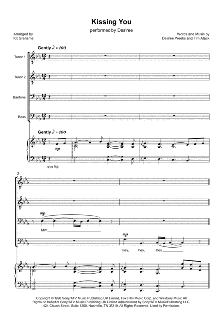 Free Sheet Music Des Ree Kissing You Ttbb