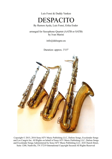 Despacito By Luis Fonsi For Saxophone Quartet Improvised Solo Ad Lib Sheet Music