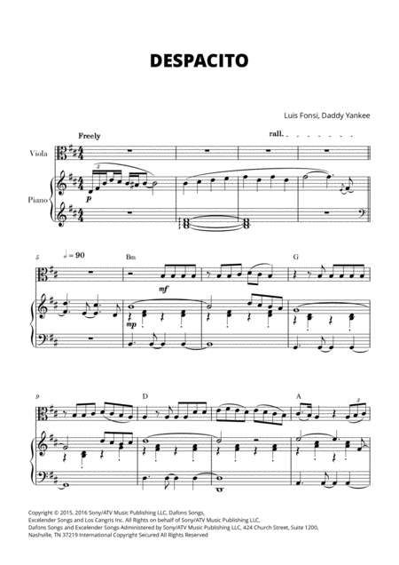 Despacito For Viola And Piano With Chords Sheet Music