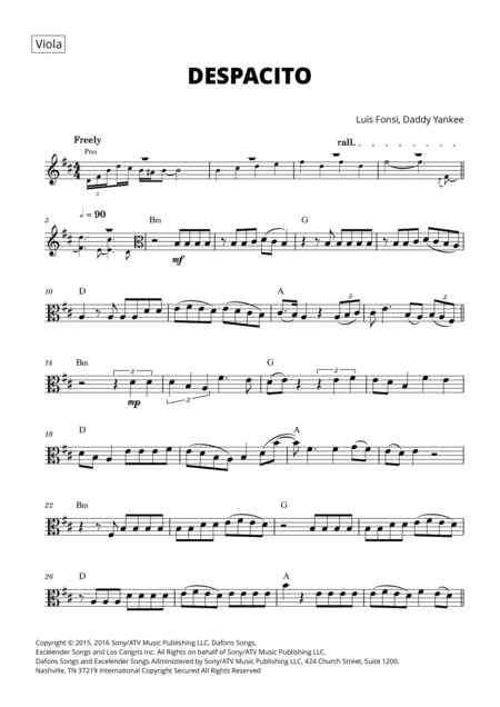 Free Sheet Music Despacito For Viola With Chords