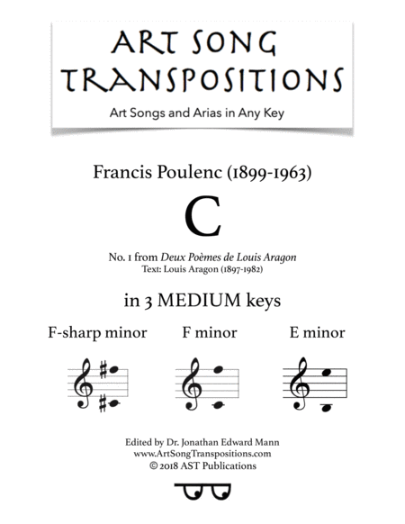 Deux Pomes De Louis Aragon C In 3 Medium Keys F Sharp F E Minor Sheet Music