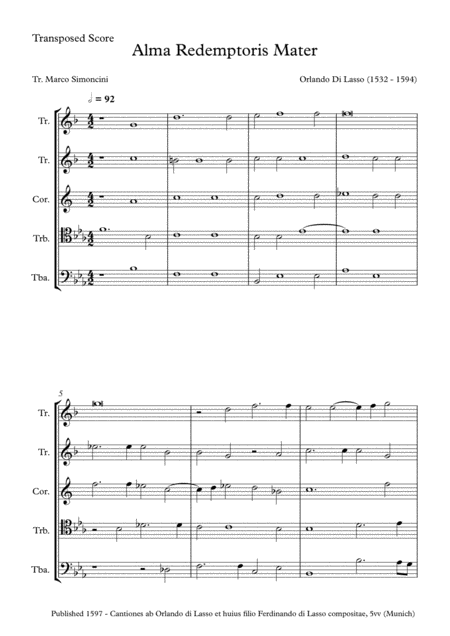 Di Lasso Orlando Alma Redemptoris Mater Brass Quintet Sheet Music