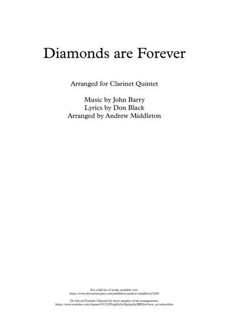 Diamonds Are Forever Arranged For Clarinet Quintet Sheet Music