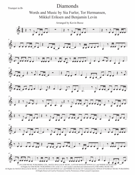 Diamonds Easy Key Of C Trumpet Sheet Music