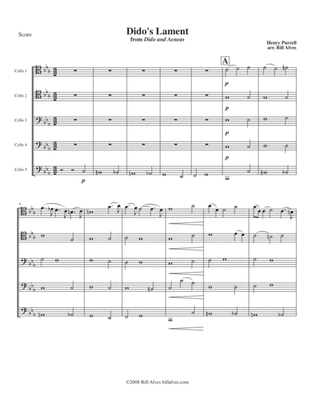 Free Sheet Music Didos Lament By Henry Purcell For Cello Quintet