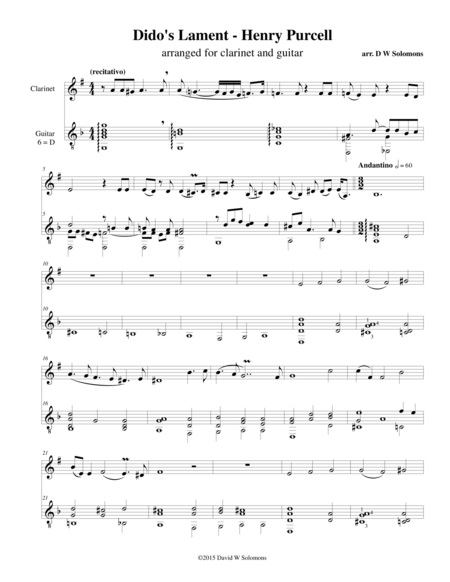 Didos Lament When I Am Laid In Earth Arranged For Clarinet And Guitar Sheet Music