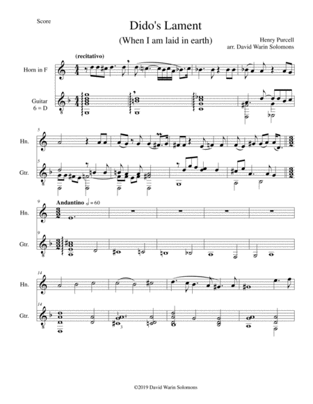 Didos Lament When I Am Laid In Earth Arranged For Horn And Guitar Sheet Music