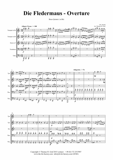 Free Sheet Music Die Fledermaus Bb J Strauss Overture Brass Quintet