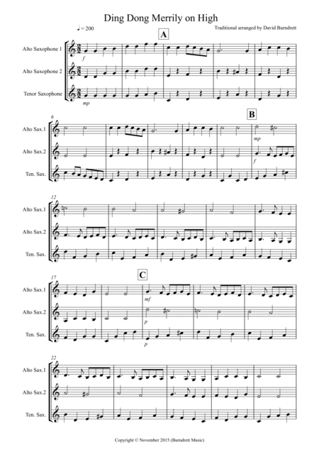 Ding Dong Merrily On High For Saxophone Trio Sheet Music