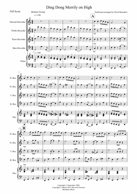 Ding Dong Merrily On High Jazzy Style For Recorder Quartet Sheet Music