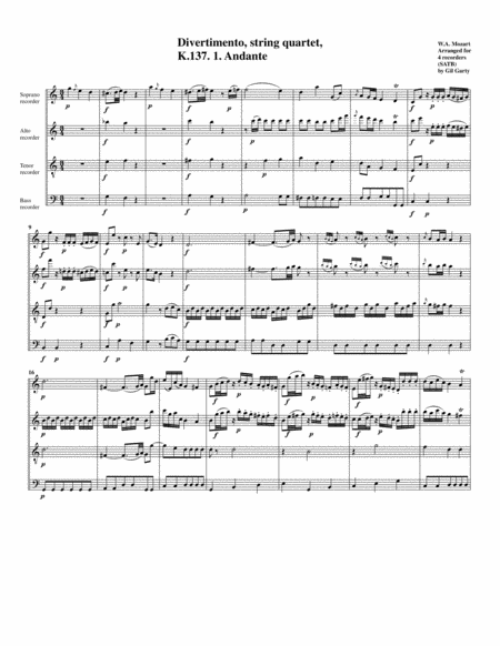 Divertimento K 137 Arrangement For 4 Recorders Sheet Music