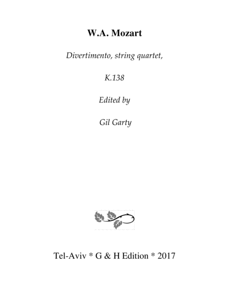 Divertimento K 138 Original Version For String Quartet Sheet Music