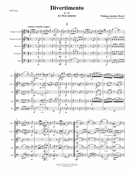 Free Sheet Music Divertimento K 252 For Brass Quintet