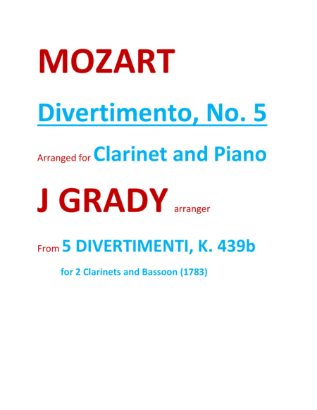 Divertimento Nbr 5 For Clarinet And Piano K 439 Sheet Music