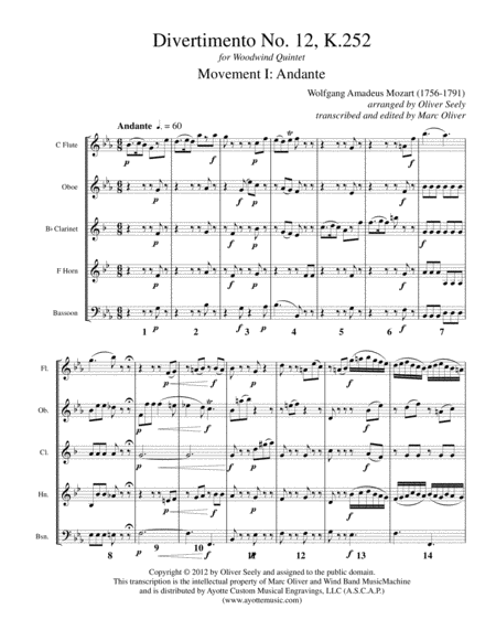 Free Sheet Music Divertimento No 12 K 252 For Woodwind Quintet