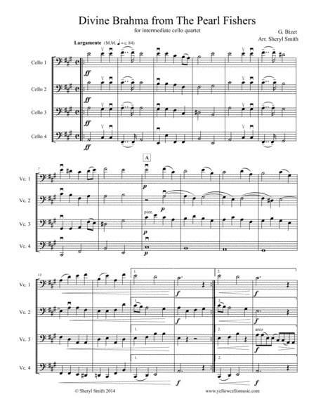 Free Sheet Music Divine Brahma From Bizets Opera The Pearl Fishers Arranged For Intermediate Cello Quartet Four Cellos