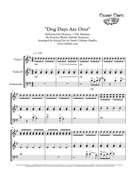 Free Sheet Music Dog Days Are Over String Trio 2 Violins Cello Florence The Machine Arr Cellobat