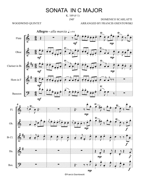 Domenico Scarlatti Sonata In C Major K 169 For Woodwind Quintet Arr Francis Osentowski Sheet Music