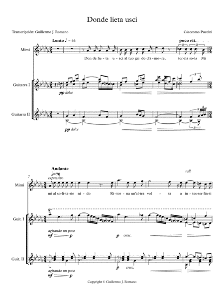 Donde Lieta Usc La Bohme Voice And Two Guitar Sheet Music