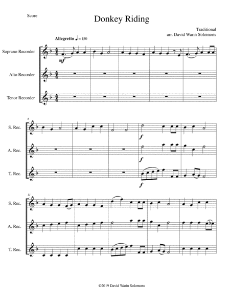 Free Sheet Music Donkey Riding For Recorder Trio Soprano Alto Tenor