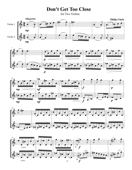 Dont Get Too Close Duet For Two Violins Sheet Music