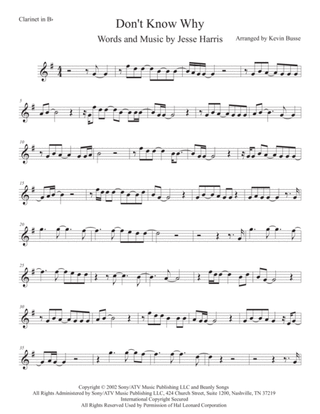 Dont Know Why Clarinet Sheet Music