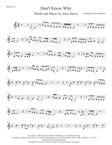 Dont Know Why Horn In F Sheet Music