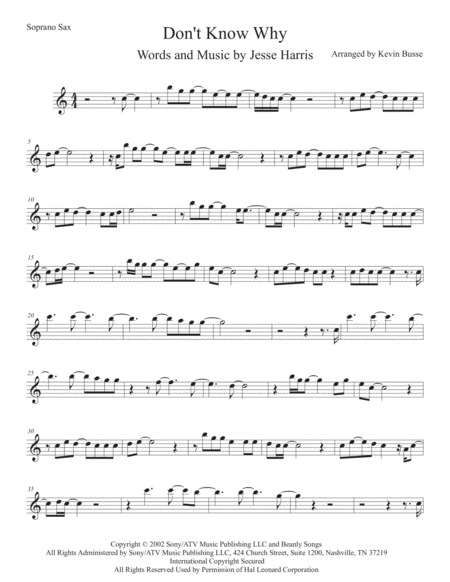 Free Sheet Music Dont Know Why Original Key Soprano Sax