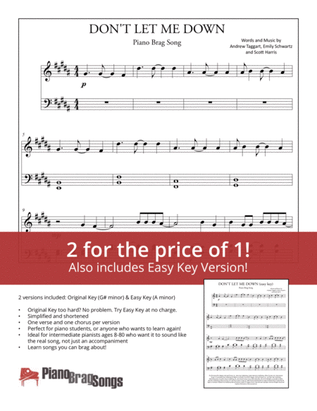 Free Sheet Music Dont Let Me Down Simplified And Easy Key Piano Solos The Chainsmokers Ft Daya