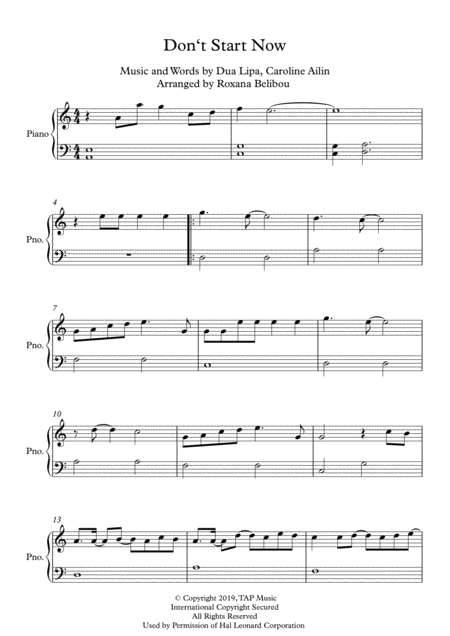 Dont Start Now A Minor By Dua Lipa Easy Piano Sheet Music