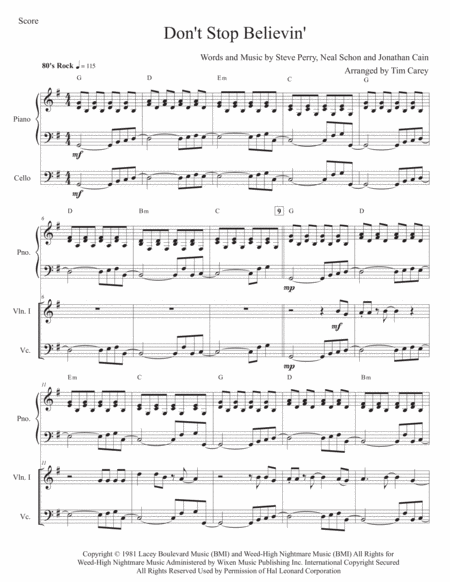 Dont Stop Believin Easy String Quartet With Piano Sheet Music