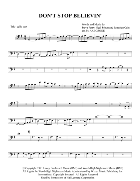 Dont Stop Believin Piano Trio Cello Part Sheet Music