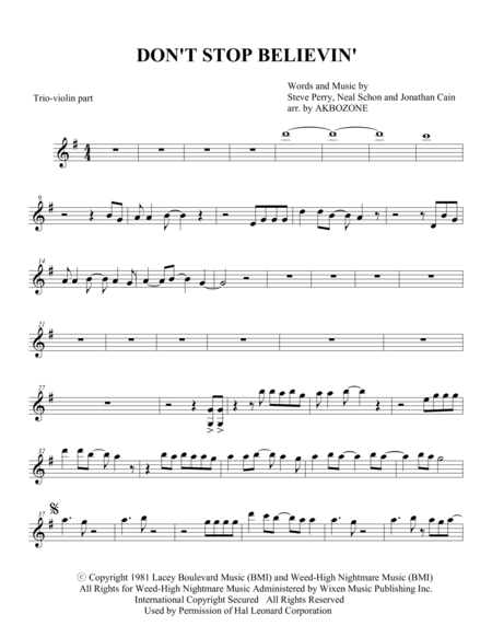 Dont Stop Believin Piano Trio Violin Part Sheet Music