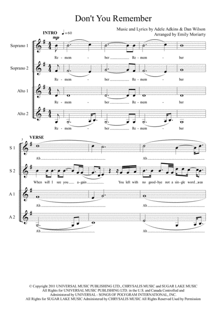 Free Sheet Music Dont You Remember Ssaa