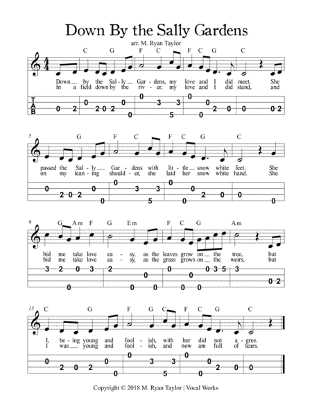 Free Sheet Music Down By The Sally Gardens Easy Ukulele Tablature With Lead Sheet Chords