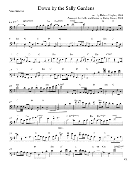 Free Sheet Music Down By The Sally Gardens For Solo Cello And Optional Guitar