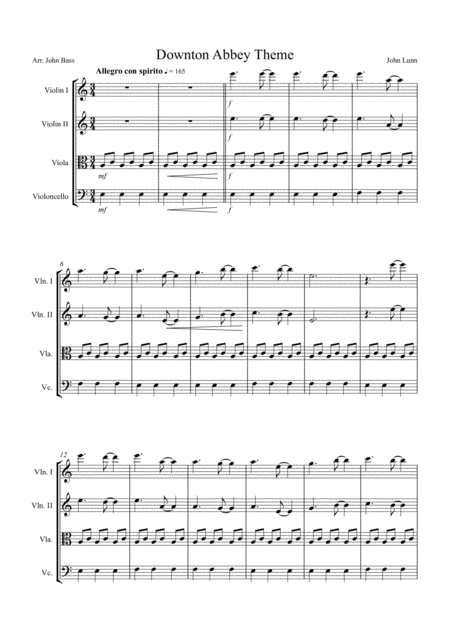 Downton Abbey Theme Arranged For String Quartet Sheet Music