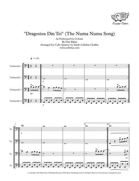 Dragostea Din Tei Numa Numa Song Cello Quartet O Zone Arr Cellobat Recording Available Sheet Music