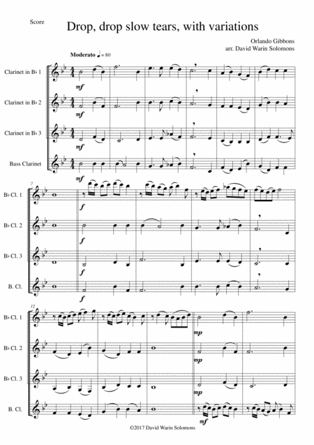 Drop Drop Slow Tears With Variations For Clarinet Quartet Sheet Music