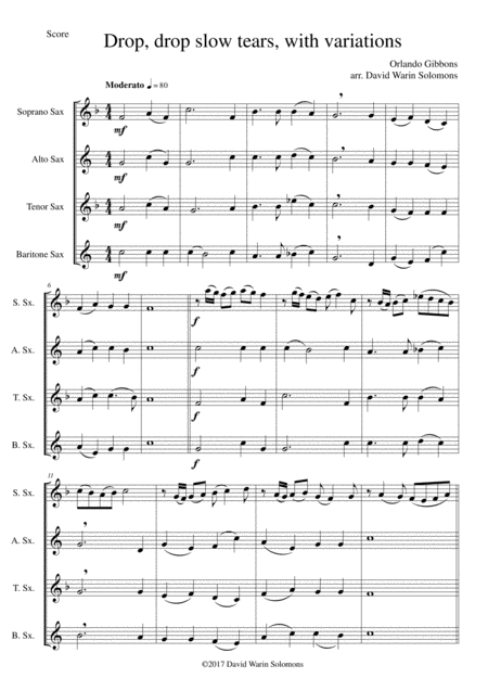 Drop Drop Slow Tears With Variations For Saxophone Quartet Sheet Music